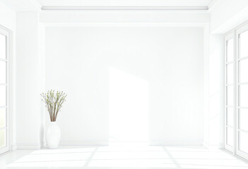 Minimalistic white room interior with plant in a vase near an empty wall.