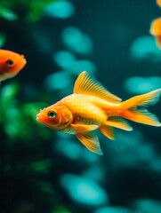 Naklejka premium A vibrant goldfish gracefully swims through a lush aquarium, showcasing its bright orange scales against a backdrop of vibrant green plants and blue water.