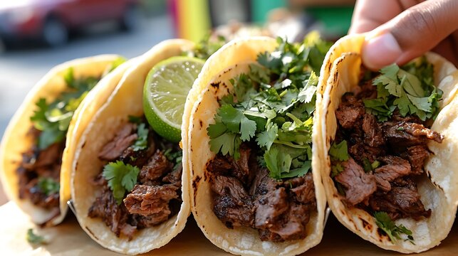 A close-up of street tacos being handed over from a trendy food truck, filled with seasoned beef, fresh cilantro, and lime slices. The food truck&rsquo;s colorful design is visible in the background,
