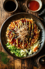 A Plate of Japanese Okonomiyaki with Bonito Flakes for a Savory and Flavorful Comfort Food