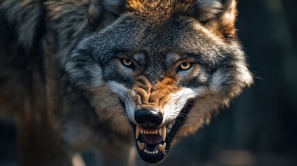 A close-up of a snarling wolf, showcasing its fierce expression and detailed fur.