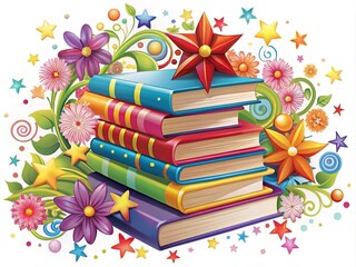 Colorful illustration of a stack of vibrant books with whimsical clip art elements, such as stars, flowers, and abstract shapes, surrounding the covers.
