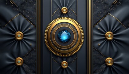 Obraz premium A Large Blue Gemstone Set in a Golden Bezel on a Black Leather Panel