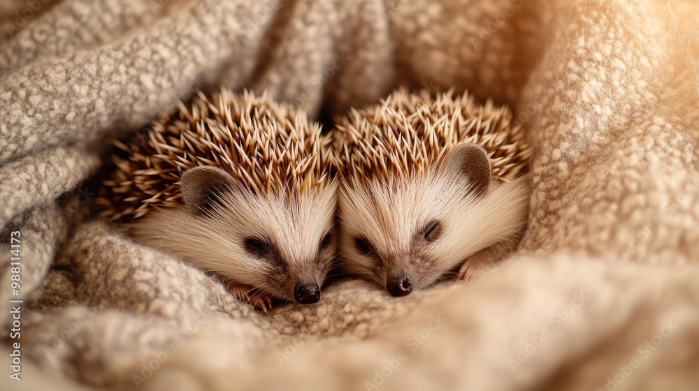 Poster Two hedgehogs snuggled together on a soft blanket, exuding warmth and cuteness.