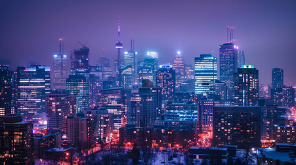 Obraz premium Illuminated city skyline at night with glowing skyscrapers and colorful lights