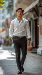 Young Asian Businessman Wearing White Shirt and Black Trousers, Walk on the City Sidewalk
