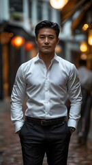 Fototapeta premium Young Asian Businessman Wearing White Shirt and Black Trousers, Walk on the City Sidewalk