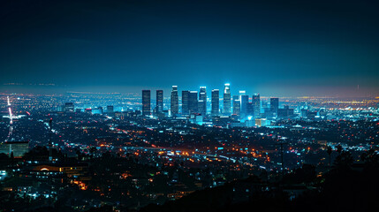 Obraz premium Illuminated city skyline at night with glowing skyscrapers and colorful lights