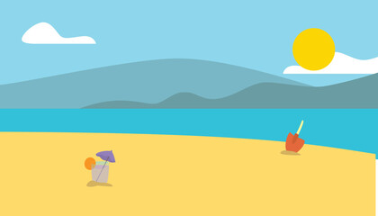 Bright and playful beach scene illustration featuring sand, mountains, the sun, a cocktail, and a beach shovel. Perfect for summer designs and vacation-themed projects. Available as EPS