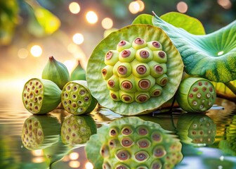Delicate lotus seeds burst forth from ripened pods, showcasing intricate textures and natural beauty against a soft, dreamy background with subtle water reflections.