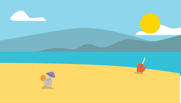 Bright and playful beach scene illustration featuring sand, mountains, the sun, a cocktail, and a beach shovel. Perfect for summer designs and vacation-themed projects. Available as EPS