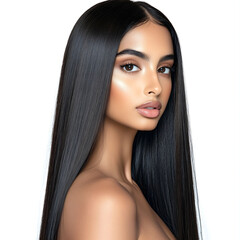 A captivating beauty portrait of a stunning model with long, straight dark hair and flawless skin, exuding confidence and elegance.