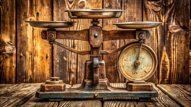 Extreme close-up of worn, rusty old-fashioned analog weighing scales on a vintage wooden background, evoking nostalgia and retro charm.