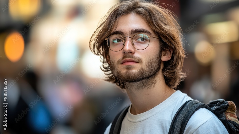 Poster A young man with glasses and wavy hair gazes thoughtfully in a busy urban setting.