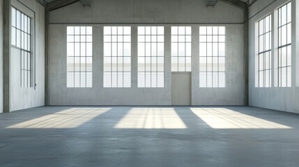 Obraz premium A wide shot of an empty industrial building with large windows and a concrete floor, perfect for showcasing your products or projects.