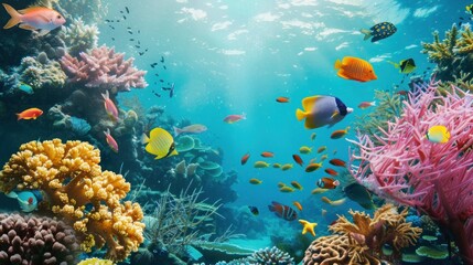 Naklejka premium Underwater Paradise: Vibrant Coral Reef with Colorful Fish