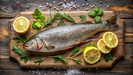 Freshly caught trout lies on a weathered wooden cutting board surrounded by crisp green leaves, lemon slices, and a sprinkling of sea salt.