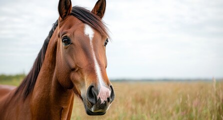 Fototapeta premium close-up portrait of a beautiful brown horse in a field