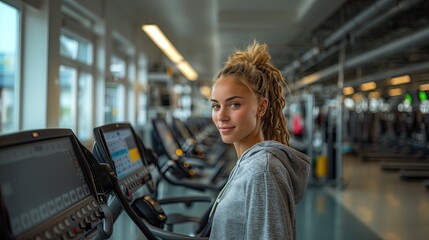 A female athlete runs on a treadmill in a gym, with advanced equipment tracking her for accurate health and performance analysis.