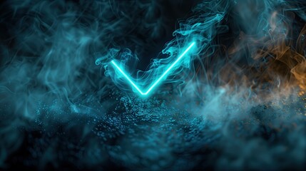 Glowing graphic, neon light, blue check mark symbol on a dark background with a thin layer of smoke.