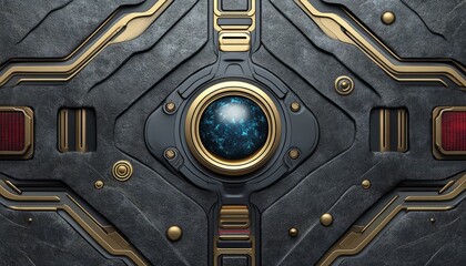 Abstract Sci-Fi Panel with Gold Accents and a Glowing Blue Orb