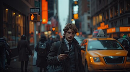 Handsome young man in business suit standing on a busy city sidewalk holding a smartphone.