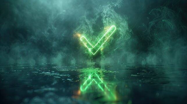 Glowing graphic, neon light, green check mark symbol on a dark background with a thin layer of smoke. - Powered by Adobe