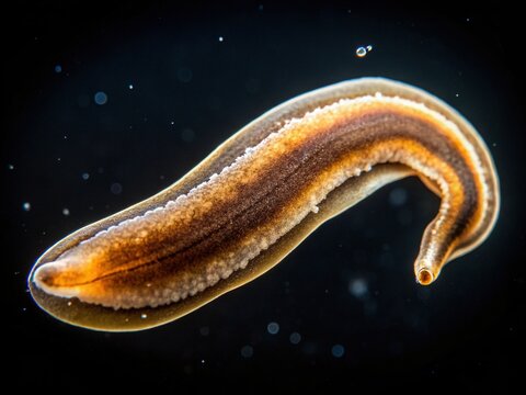 Macro view of a splitting planarian, a type of flatworm, in the process of regeneration, with newly formed body segments visible, against a dark background.