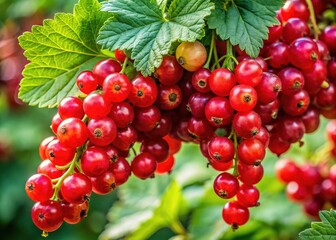 Fototapeta premium Ripe redcurrants hang in vibrant clusters from a slender stem, surrounded by succulent berries and delicate green leaves on a lush bush.