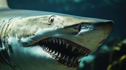 Naklejka premium Close-up of a shark showcasing its sharp teeth and powerful presence underwater.