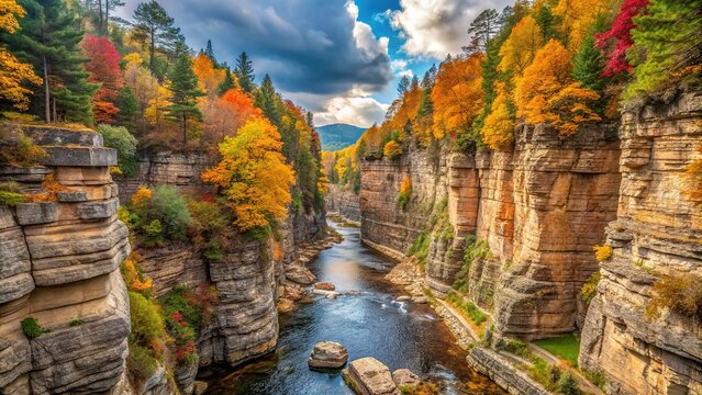 Scenic autumn view of Ausable Chasm's sandstone cliffs and hiking trails alongside the Ausable River in Adirondack Park, upstate New York.