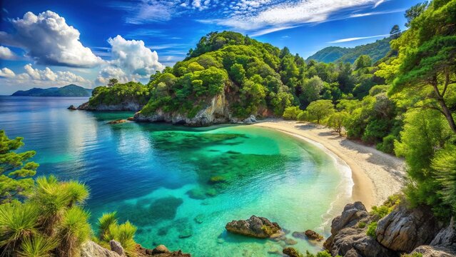Serene coastal landscape featuring a secluded beach with calm turquoise waters, lush greenery, and a relaxed atmosphere, inviting solitude and freedom.