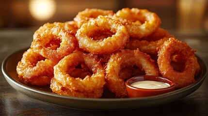 A plate of golden, crispy onion rings piled high, glistening under warm lights, with a dipping sauce on the side. The background is softly blurred,