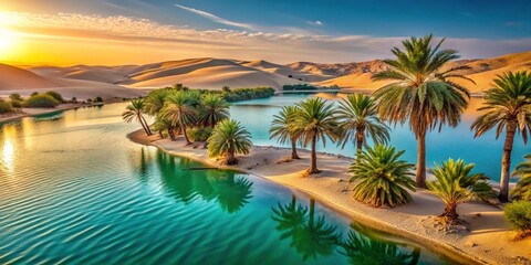 Fototapeta premium Serene verdant paradise amidst sandy dunes, palm trees sway gently above tranquil turquoise water, surrounded by vast expanse of arid desert landscape at sunset.