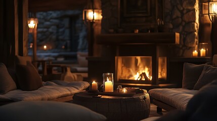 Cozy Interior with a Fireplace and Candles
