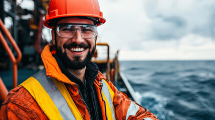Smiling worker on a boat, safety gear visible