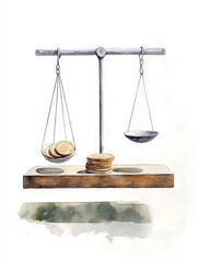 A watercolor illustration of a scale with coins on one side, symbolizing financial health, liquidity, current ratio, quick ratio, asset management, and financial planning.