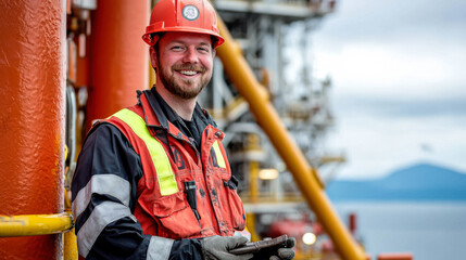 Smiling worker on oil rig, industrial setting.