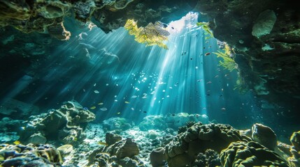 Obraz premium Sunlight Beams Through Underwater Cave