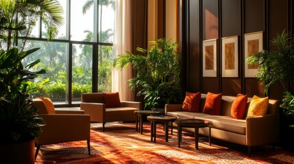 A sophisticated lobby lounge with large windows, plush seating, and warm lighting, creating a welcoming and inviting atmosphere.