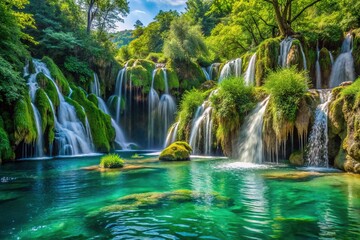 Fototapeta premium Sparkling turquoise water cascades down moss-covered rocky cliffs, surrounded by lush green vegetation, in a serene and idyllic Croatian waterfall scene.