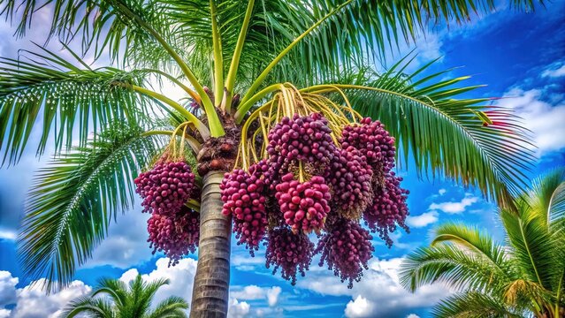 Tall acai palm tree stands proud, its long, deeply notched leaves swaying gently in the tropical breeze.