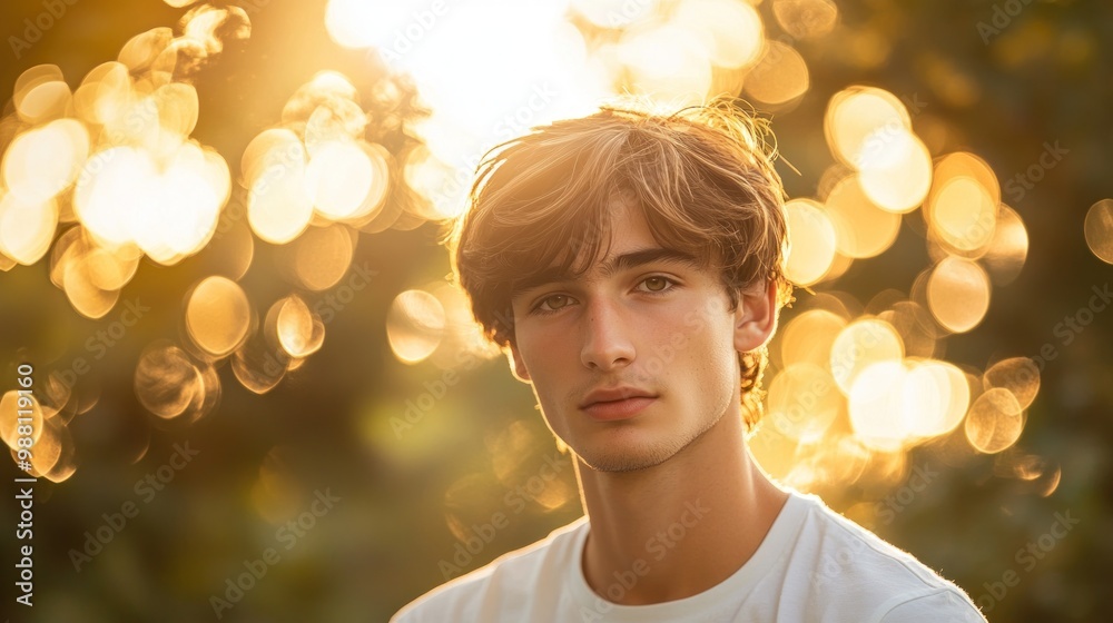 Poster A young man poses thoughtfully against a backdrop of soft, glowing sunlight.