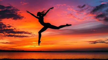 Silhouette of a Woman Jumping Against a Vibrant Sunset Over a Lake.