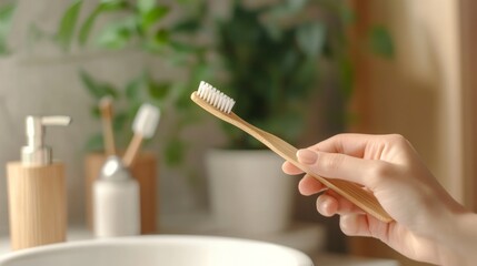  person using a bamboo toothbrush