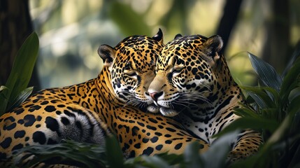 Fototapeta premium Two jaguars resting closely together among lush greenery.