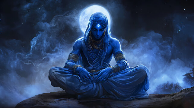 Seated blue djinn from arabic mythology. Djinn. Illustration