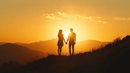Fototapeta premium Silhouette of Couple Holding Hands at Sunset on Mountaintop.