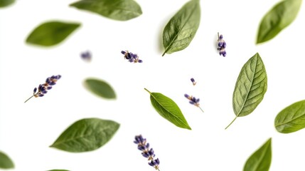 A serene composition of lavender flowers and green leaves on a white background.