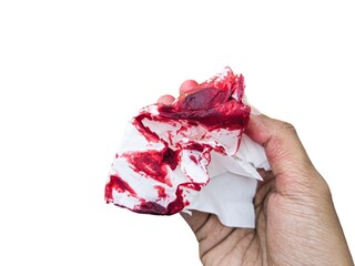 man holding a handkerchief or tissue filled with blood isolated on a white background. concept of incident, accident, cleaning bleeding wound with tissue